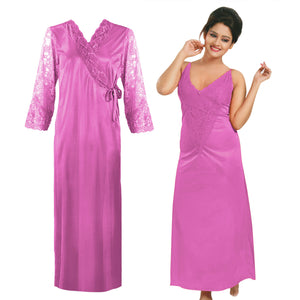 Rose / One Size Women Long Sleeve Satin Gown with Nighty The Orange Tags