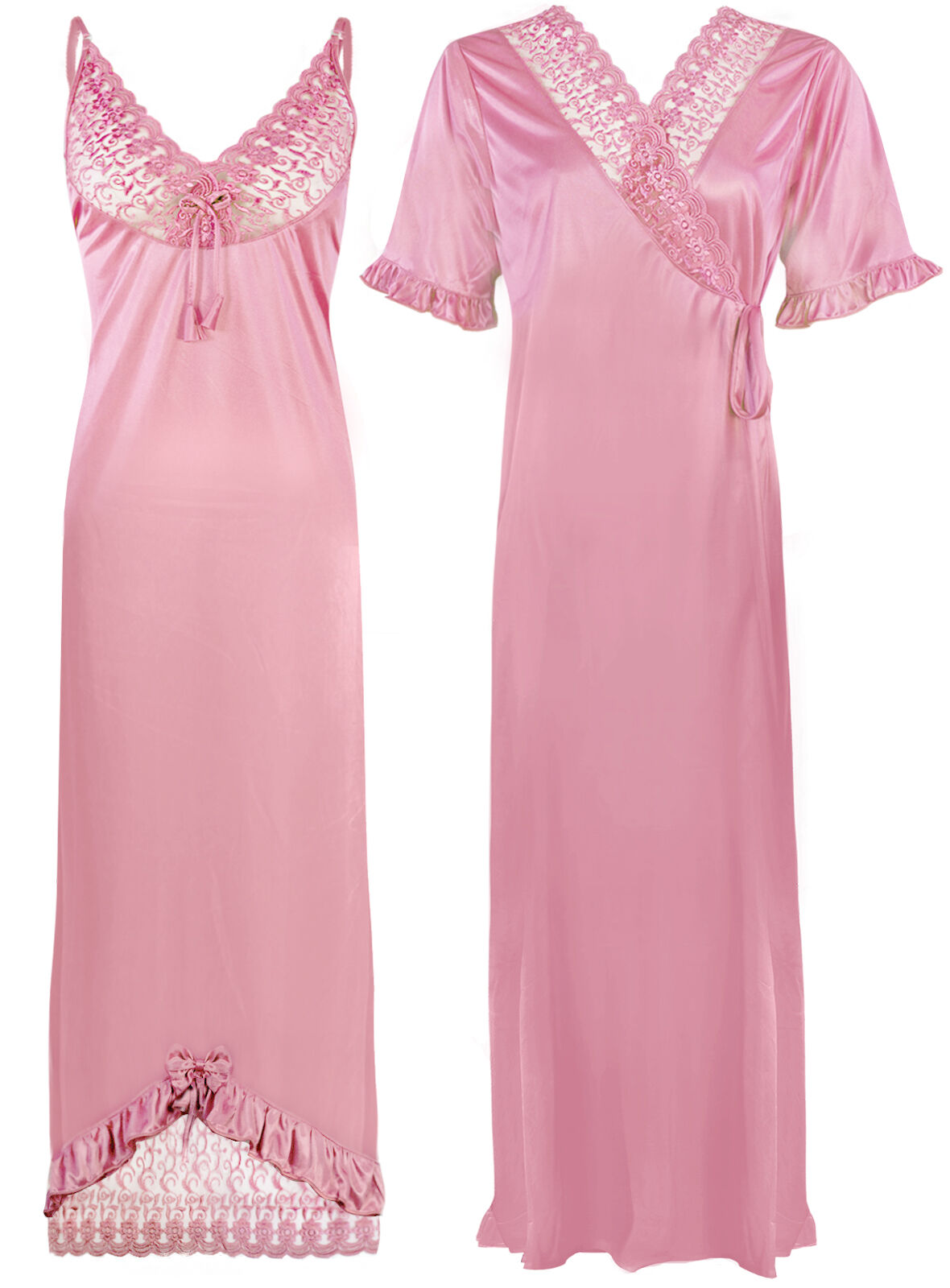Baby Pink / One Size Women Satin Nighty With Robe 2 Pcs Set The Orange Tags