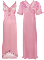 Afbeelding in Gallery-weergave laden, Baby Pink / One Size Women Satin Nighty With Robe 2 Pcs Set The Orange Tags

