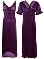 Загрузить изображение в средство просмотра галереи, Dark Purple / One Size Women Satin Nighty With Robe 2 Pcs Set The Orange Tags
