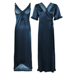 Afbeelding in Gallery-weergave laden, Midnight Blue / One Size Women Satin Nighty With Robe 2 Pcs Set The Orange Tags
