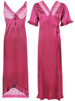 Načíst obrázek do prohlížeče Galerie, Rose Pink / One Size Women Satin Nighty With Robe 2 Pcs Set The Orange Tags
