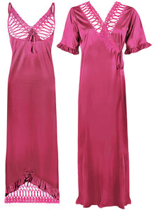 Rose Pink / One Size Women Satin Nighty With Robe 2 Pcs Set The Orange Tags