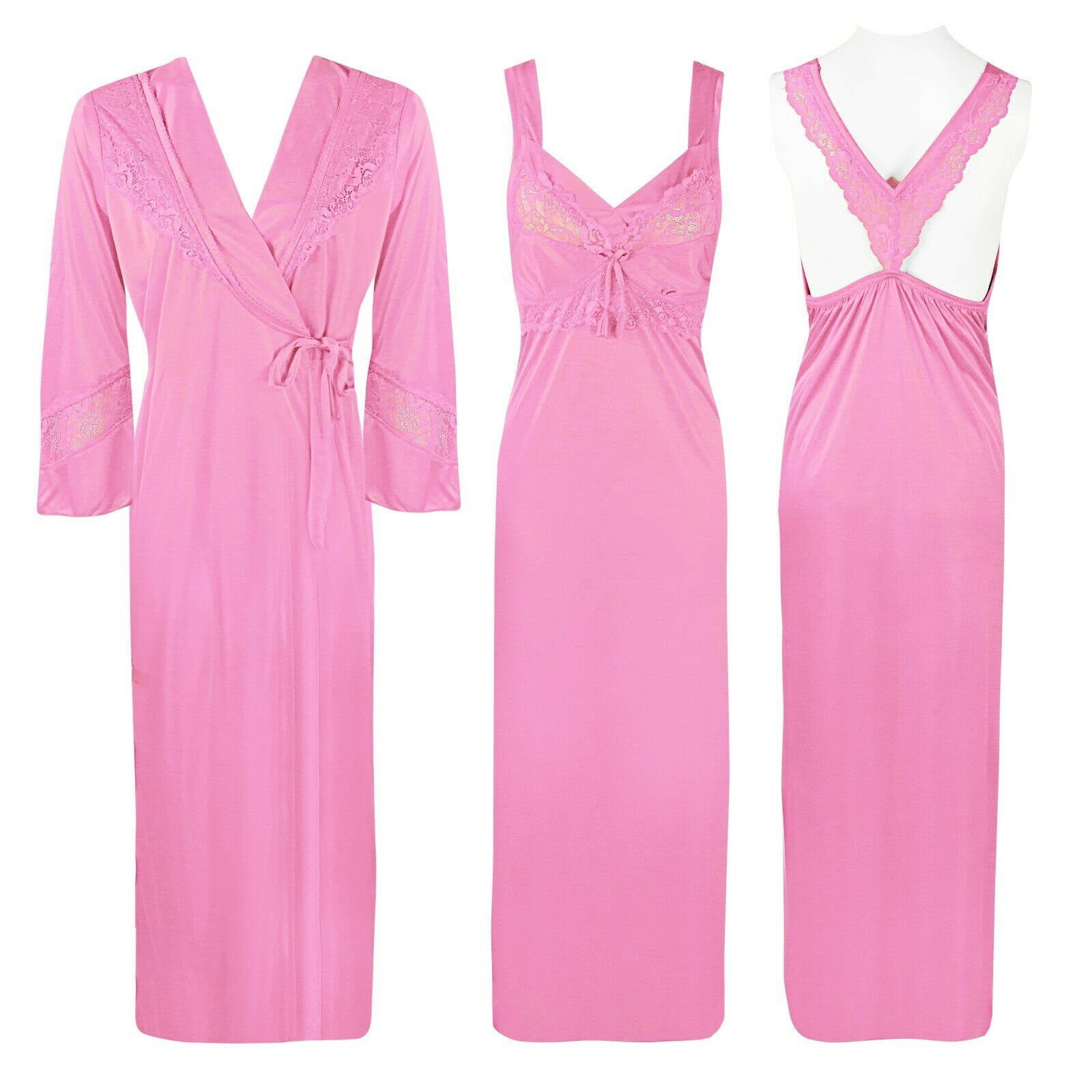 Baby Pink / One Size Satin 2 Pcs Cross Back Nighty With Robe The Orange Tags