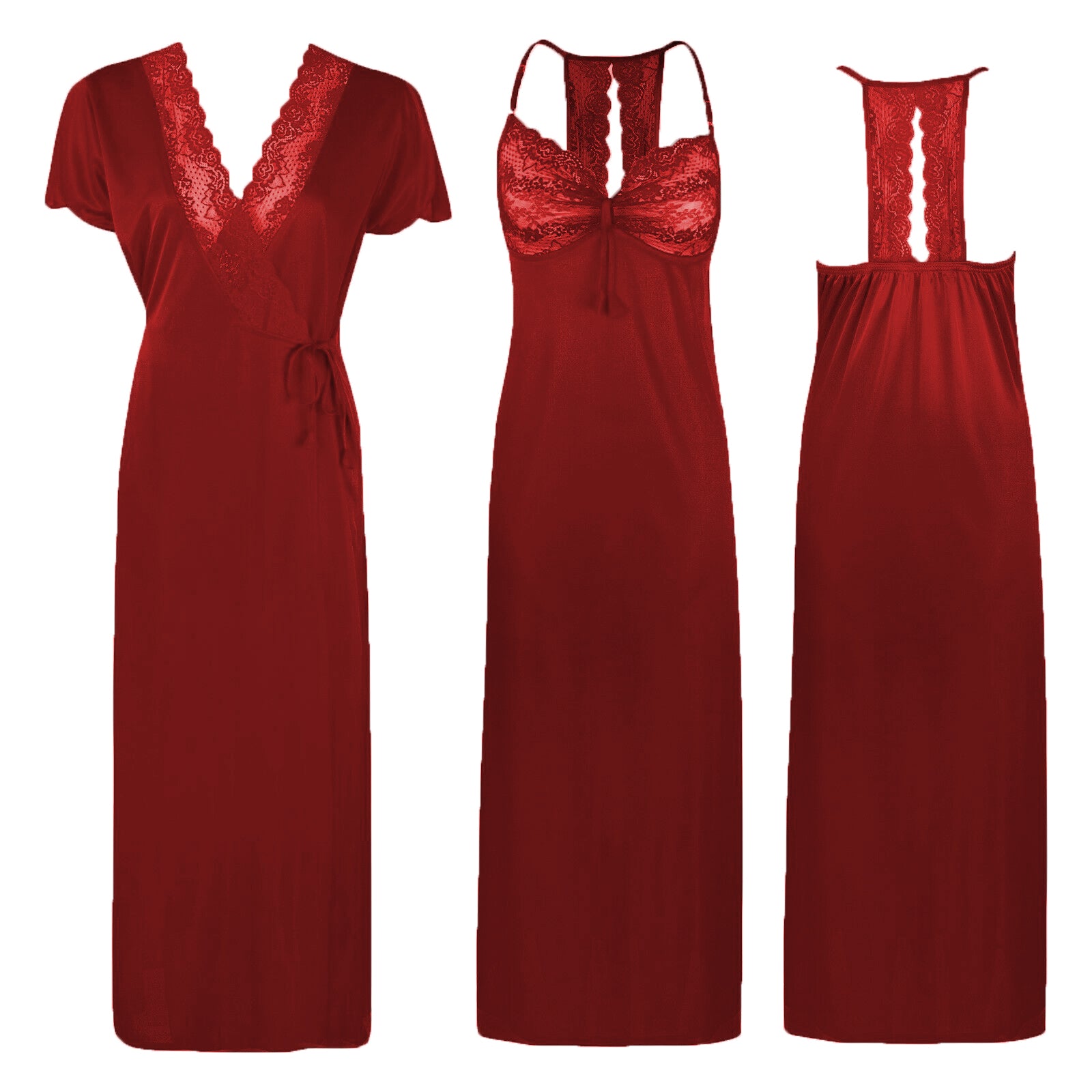 Deep Red / One Size Ladies Halterneck Satin Nightie and Robe 2Pcs Set The Orange Tags
