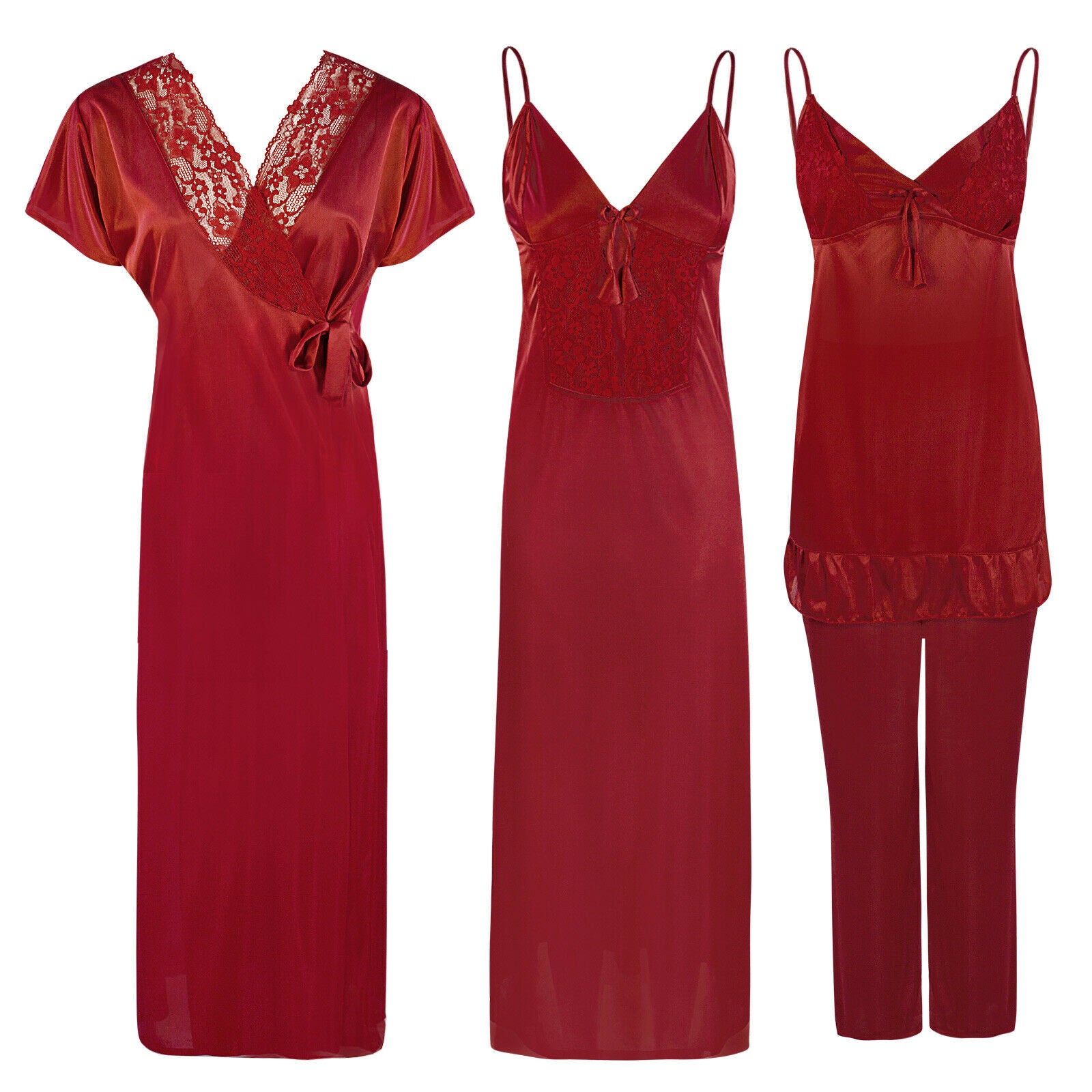 Deep Red / One Size Satin 3 Pcs Nightwear Set The Orange Tags