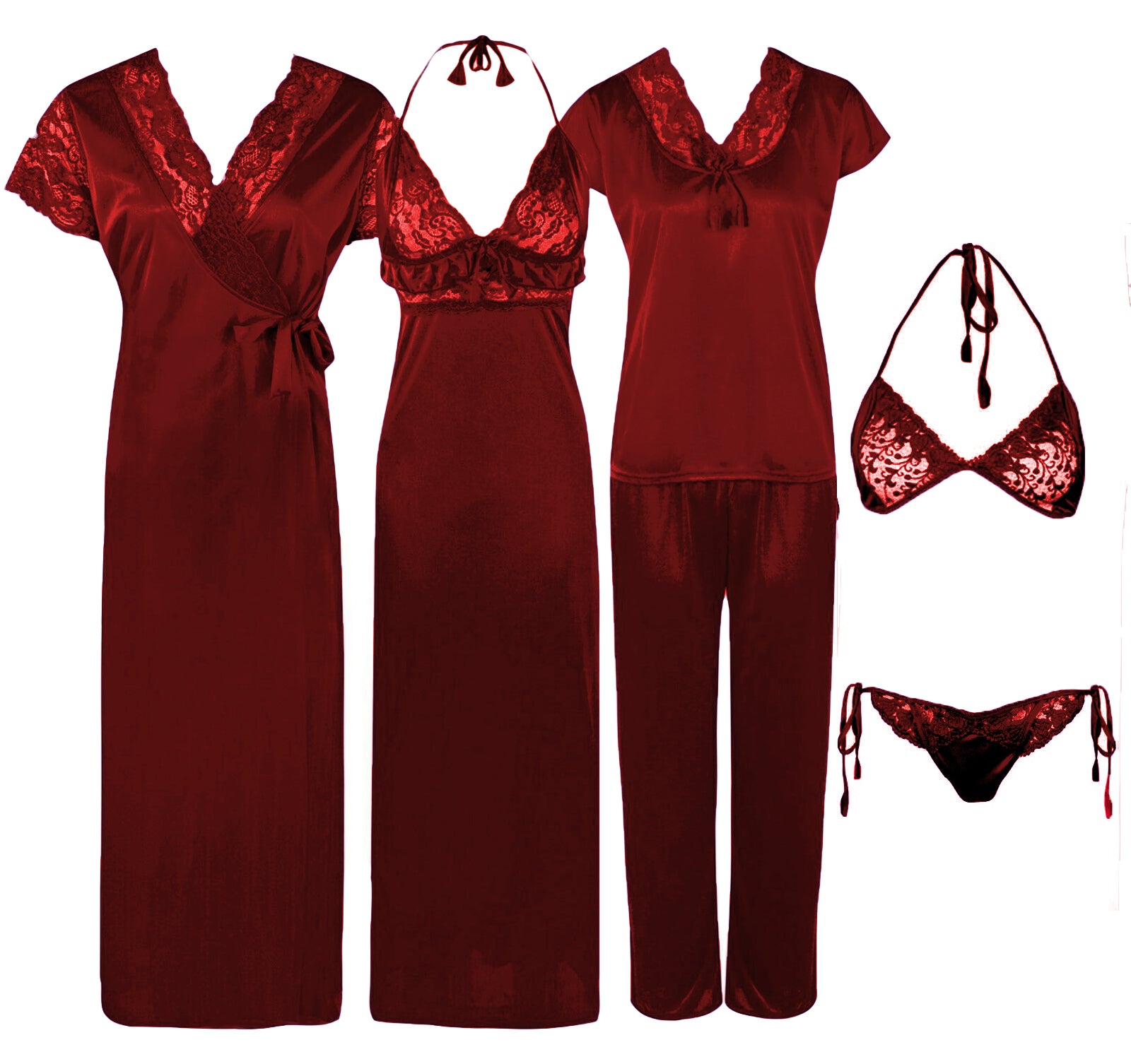 Deep Red / One Size 6 Pcs Bridal Nightwear Set The Orange Tags