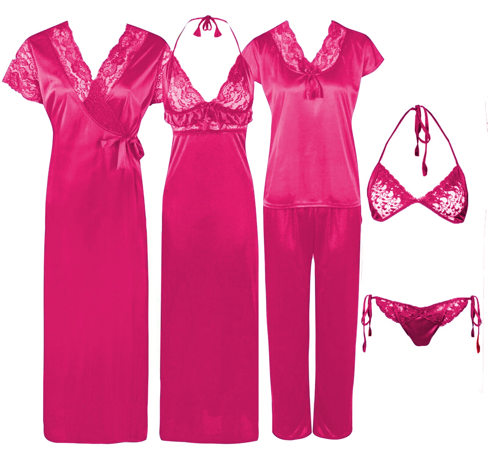 Rose Pink / One Size 6 Pcs Bridal Nightwear Set The Orange Tags