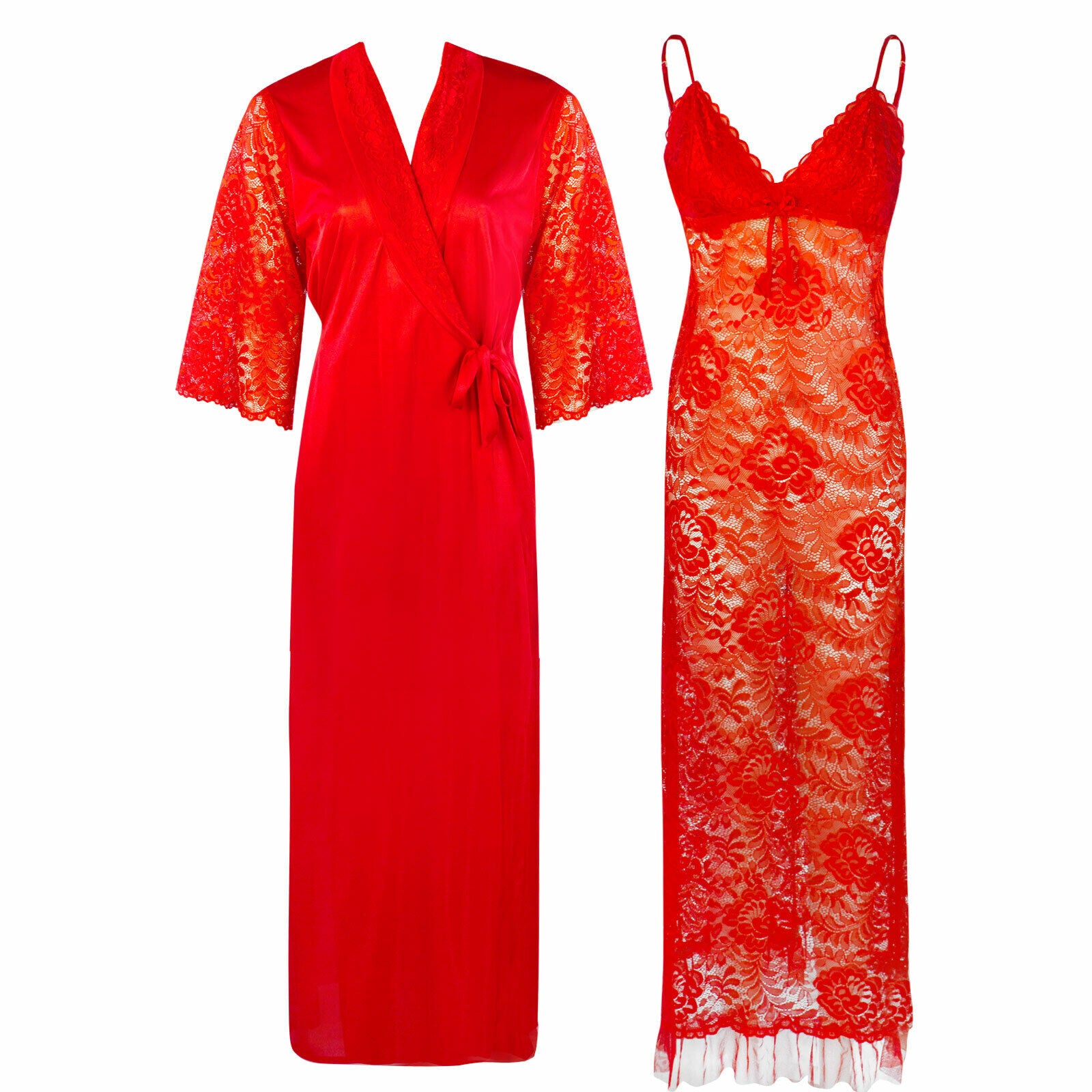Red / One Size Full Lace Nighty with Satin Robe The Orange Tags