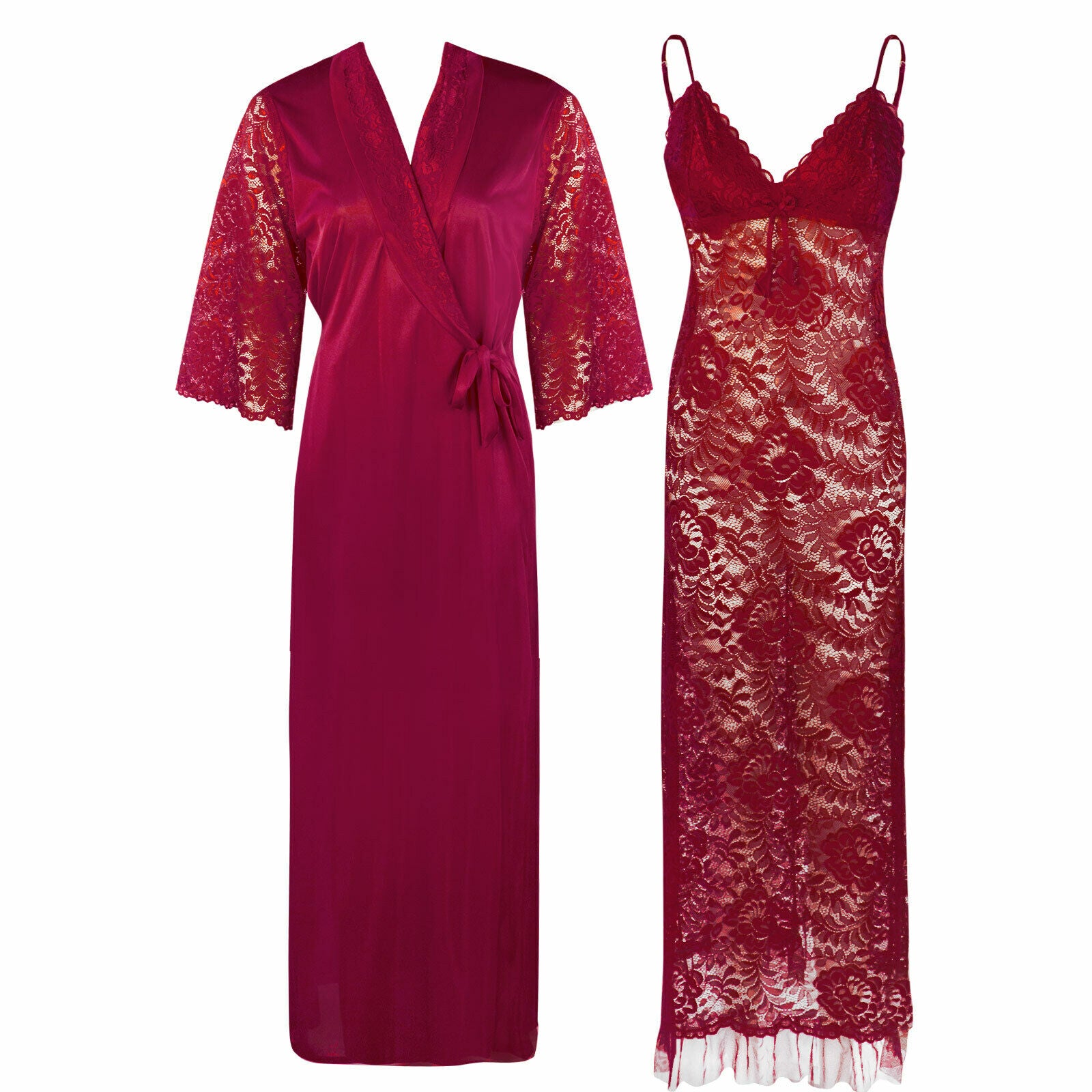 Cerise / One Size Full Lace Nighty with Satin Robe The Orange Tags