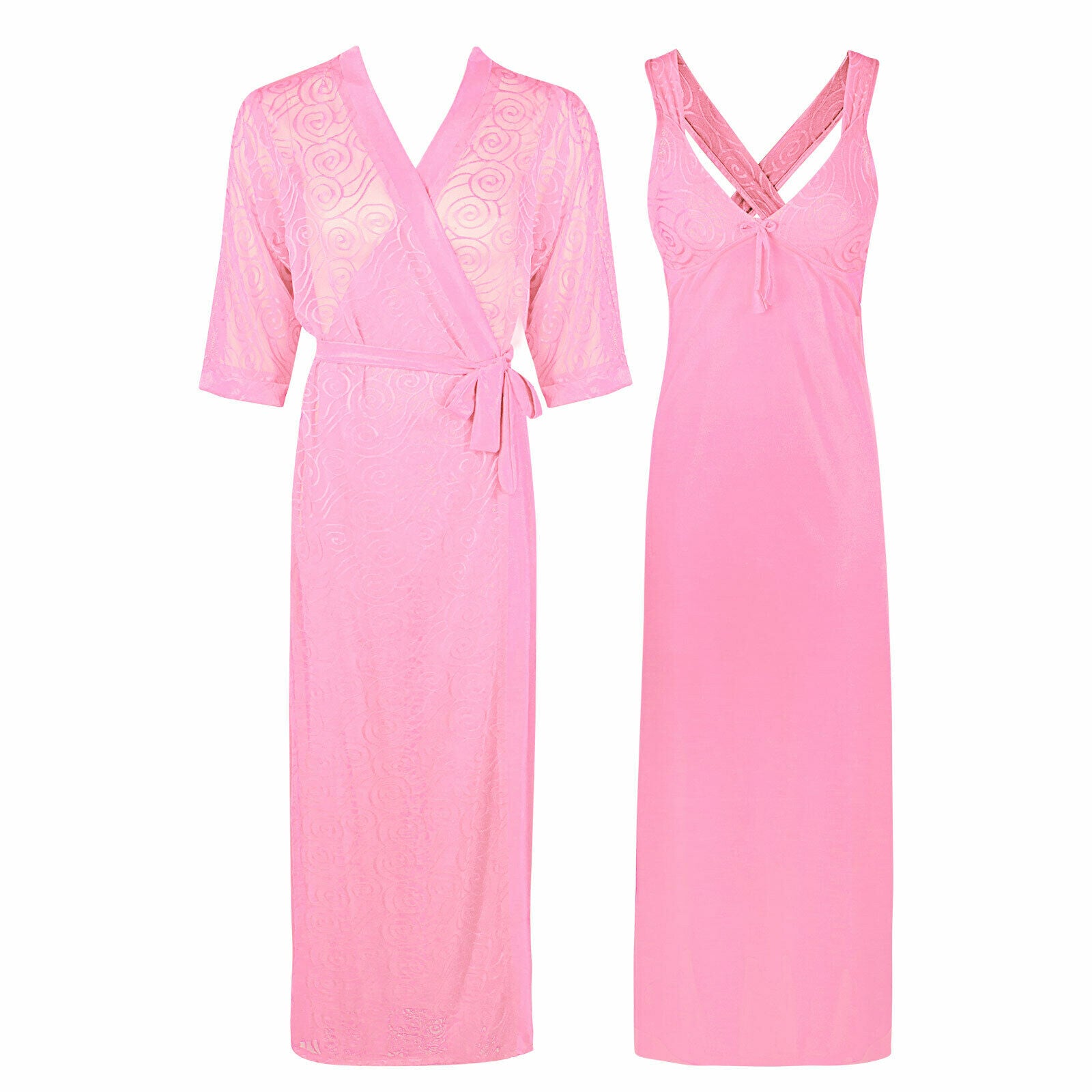 Baby Pink / One Size Sexy Cross Back 2 Piece Satin Long Nighty With Robe The Orange Tags