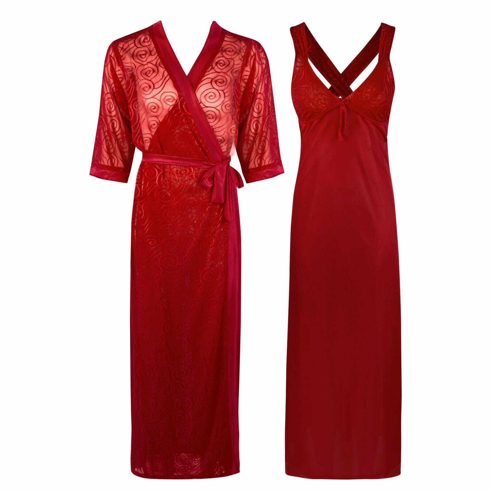Deep Red / One Size Sexy Cross Back 2 Piece Satin Long Nighty With Robe The Orange Tags