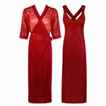 Load image into Gallery viewer, Deep Red / One Size Sexy Cross Back 2 Piece Satin Long Nighty With Robe The Orange Tags
