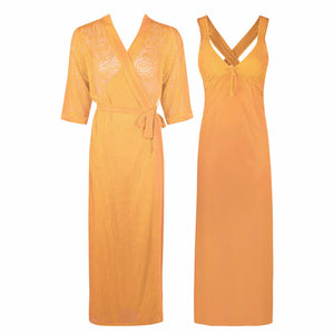 Gold / One Size Sexy Cross Back 2 Piece Satin Long Nighty With Robe The Orange Tags