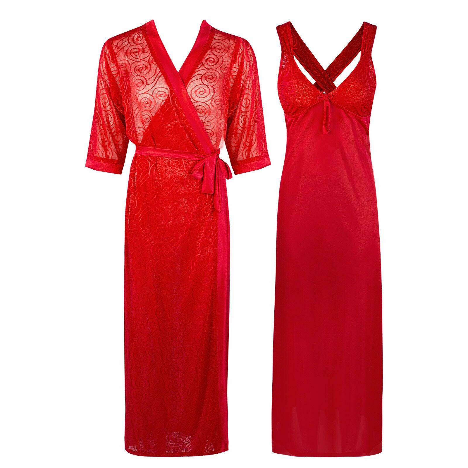 Red / One Size Sexy Cross Back 2 Piece Satin Long Nighty With Robe The Orange Tags