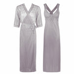 Load image into Gallery viewer, Silver / One Size Sexy Cross Back 2 Piece Satin Long Nighty With Robe The Orange Tags
