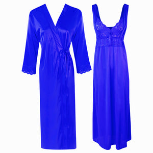 Royal Blue / One Size Long Nighty with Full Sleeve Robe The Orange Tags
