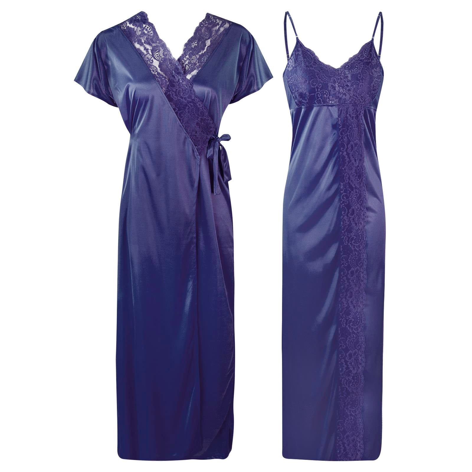 Navy / One Size WOMEN SATIN LACE LONG NIGHTDRESS NIGHTY CHEMISE CLEARANCE The Orange Tags