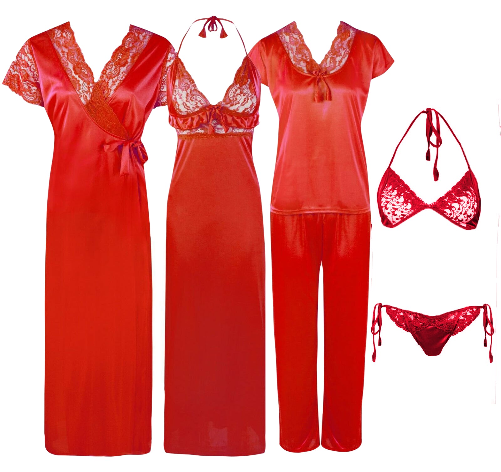 Red / One Size 6 Pcs Bridal Nightwear Set The Orange Tags