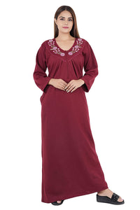 Deep Red / XL Women's Woollen Embroidery Full Sleeve Winter Ladies Fleece Nighty Maxi Gown Plus Size 14-18 The Orange Tags