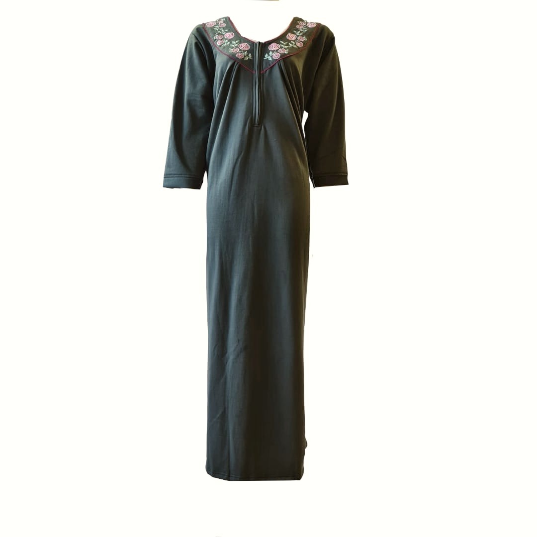 Green / XL Women's Woollen Embroidery Full Sleeve Winter Ladies Fleece Nighty Maxi Gown Plus Size 14-18 The Orange Tags