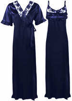 Load image into Gallery viewer, Navy / One Size Satin Nighty And Robe 2 Pcs Nightdress The Orange Tags
