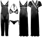 Afbeelding in Gallery-weergave laden, Black / One Size 6 Piece Satin Nightwear Set with Lingeries The Orange Tags
