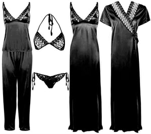 Black / One Size 6 Piece Satin Nightwear Set with Lingeries The Orange Tags