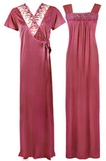 Charger l&#39;image dans la galerie, Rosewood / One Size WOMENS LONG SATIN CHEMISE NIGHTIE NIGHTDRESS LADIES DRESSING GOWN 2PC SET 8-16 The Orange Tags
