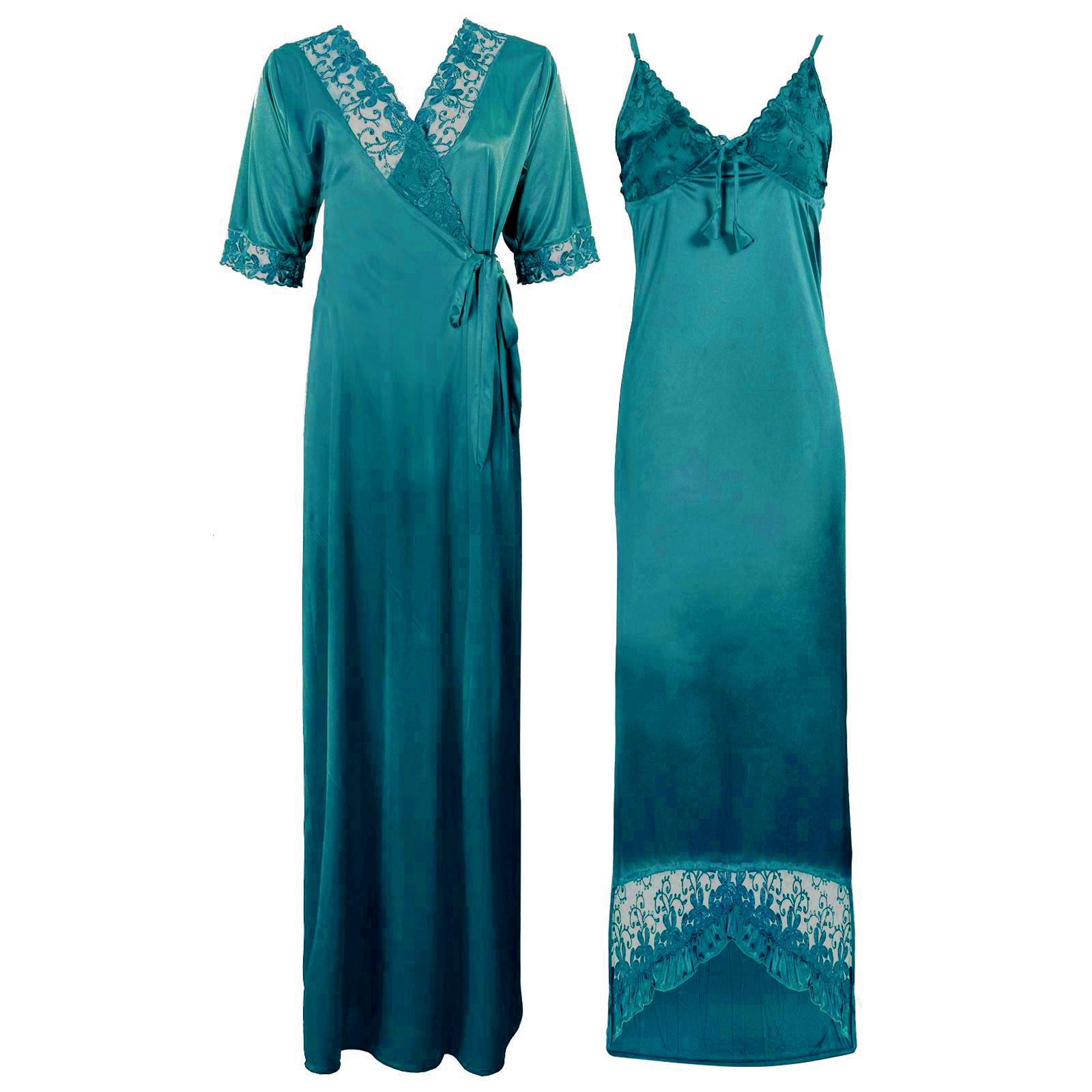 Teal / 8-14 Satin Lace Nighty With Robe The Orange Tags
