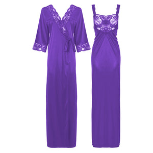 Light Purple / L Satin Long Lace Nightie with Robe The Orange Tags