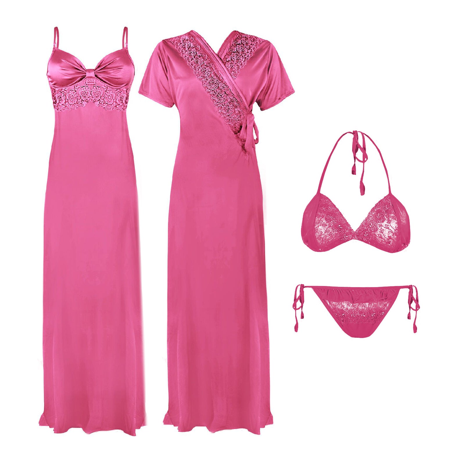 Pink / One Size Ladies Full Length Pink/ Black Satin Chemise Nightdress Nighty 4 Pcs The Orange Tags