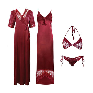 Deep Red / One Size WOMEN SATIN LONG NIGHTDRESS LADIES NIGHTY CHEMISE EMBROIDERY DETAILED The Orange Tags