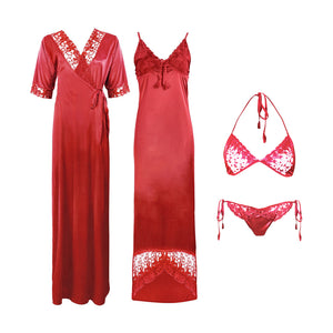 Red / One Size WOMEN SATIN LONG NIGHTDRESS LADIES NIGHTY CHEMISE EMBROIDERY DETAILED The Orange Tags