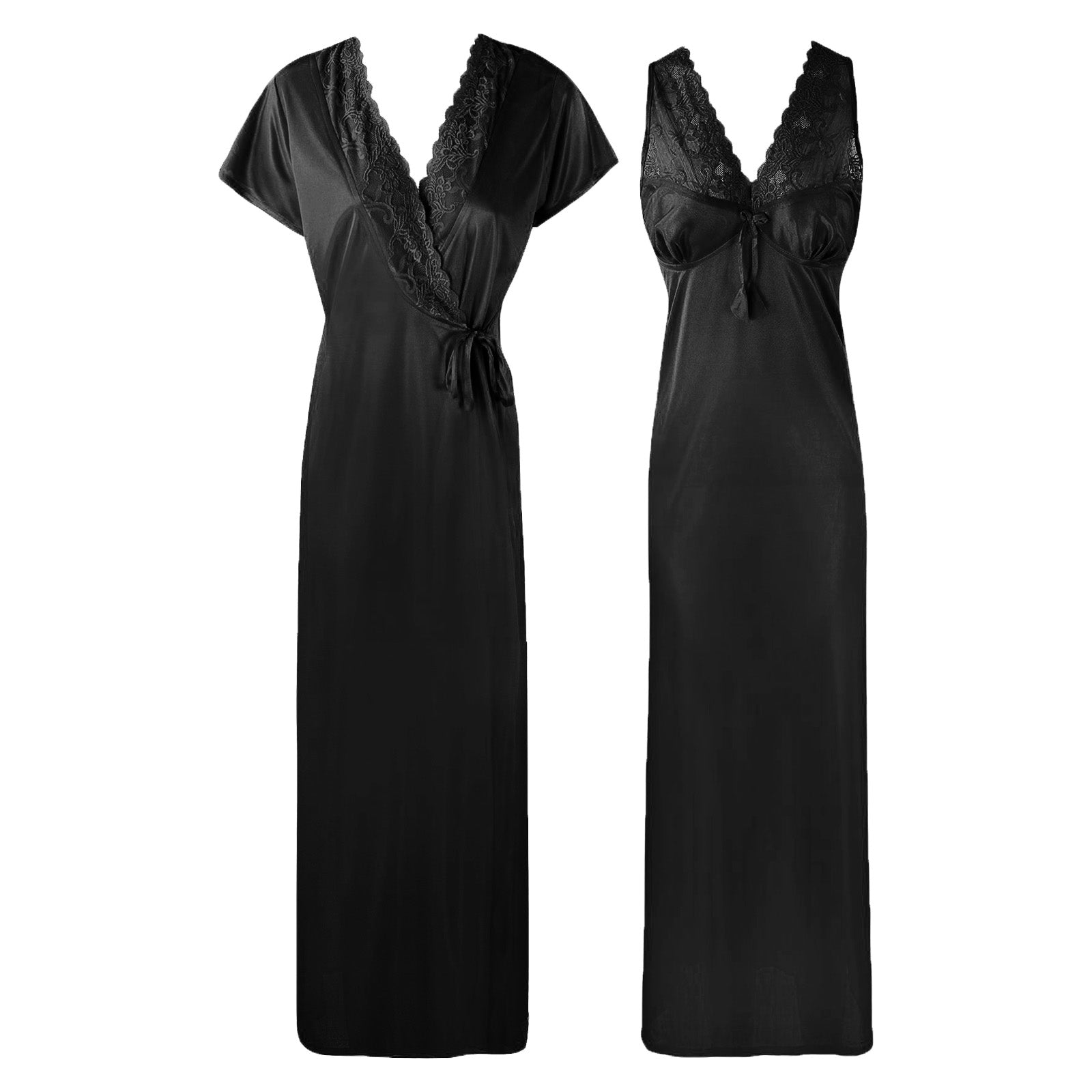 Black / One Size The Orange Tags Womens Satin Long Nightdress Lace Detailed The Orange Tags