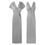 Afbeelding in Gallery-weergave laden, Silver / One Size The Orange Tags Womens Satin Long Nightdress Lace Detailed The Orange Tags
