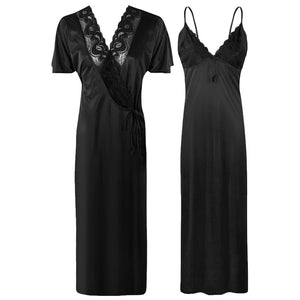 Black / One Size New Ladies Satin Long Nightdress Women Nightwear Set Lace Detailed The Orange Tags