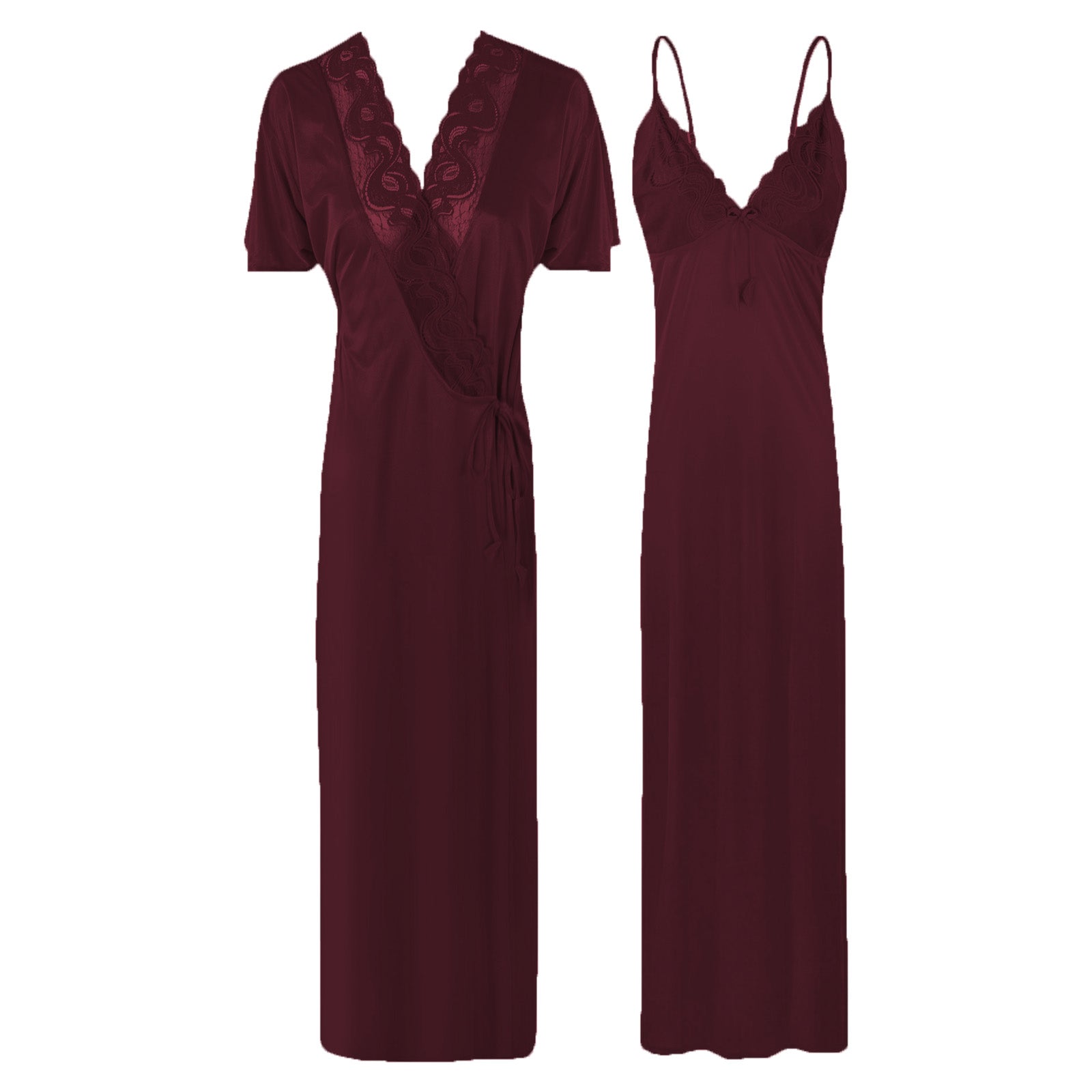 Dark Wine / One Size New Ladies Satin Long Nightdress Women Nightwear Set Lace Detailed The Orange Tags