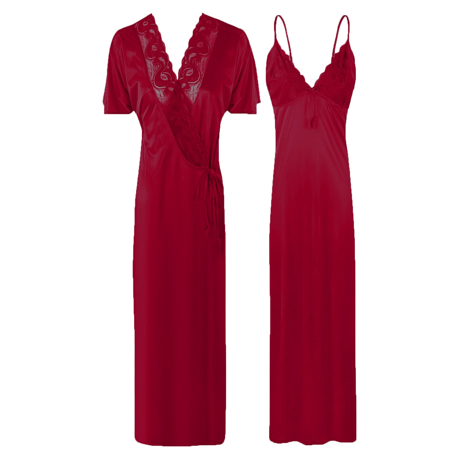Deep Red / One Size New Ladies Satin Long Nightdress Women Nightwear Set Lace Detailed The Orange Tags