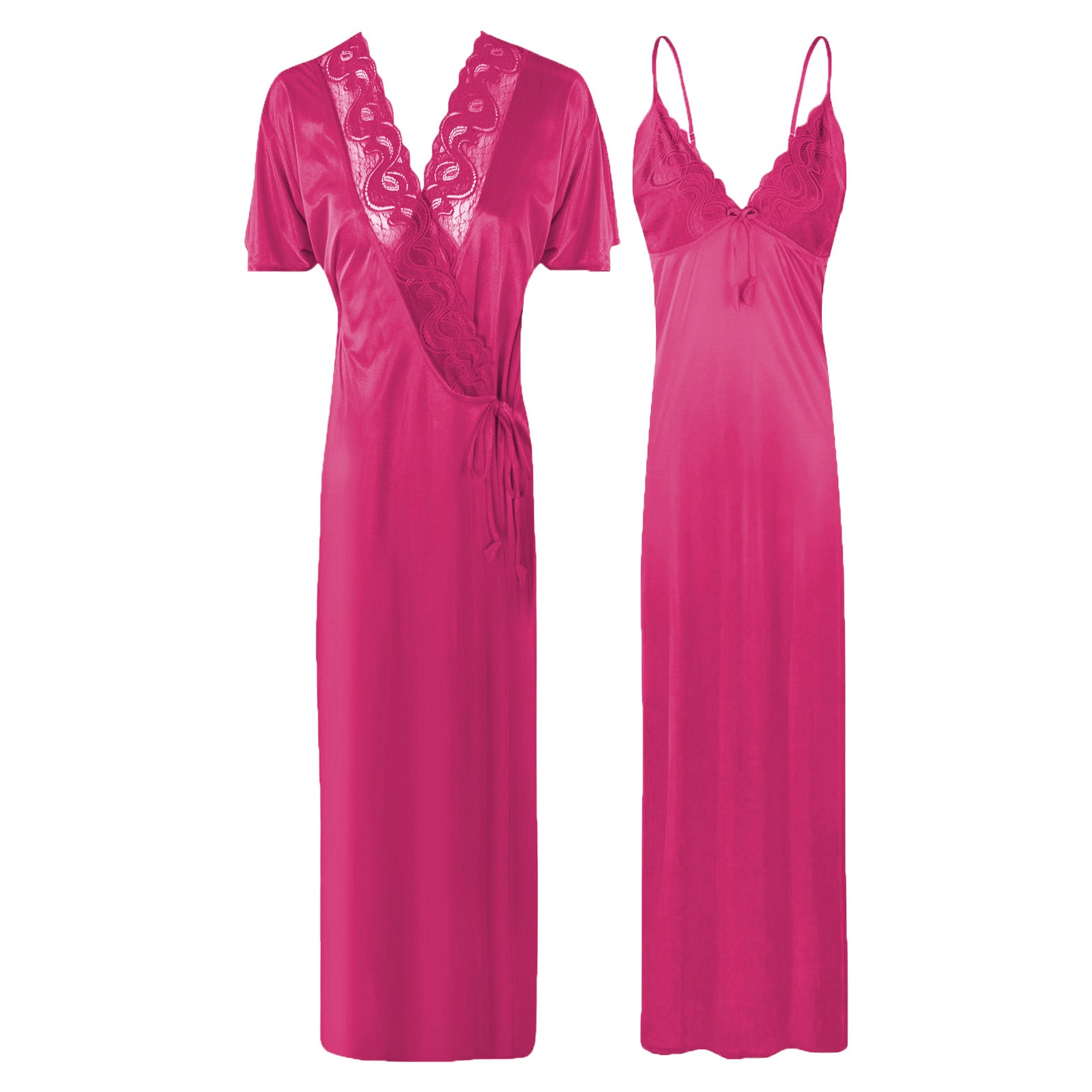 Fuchsia / One Size New Ladies Satin Long Nightdress Women Nightwear Set Lace Detailed The Orange Tags