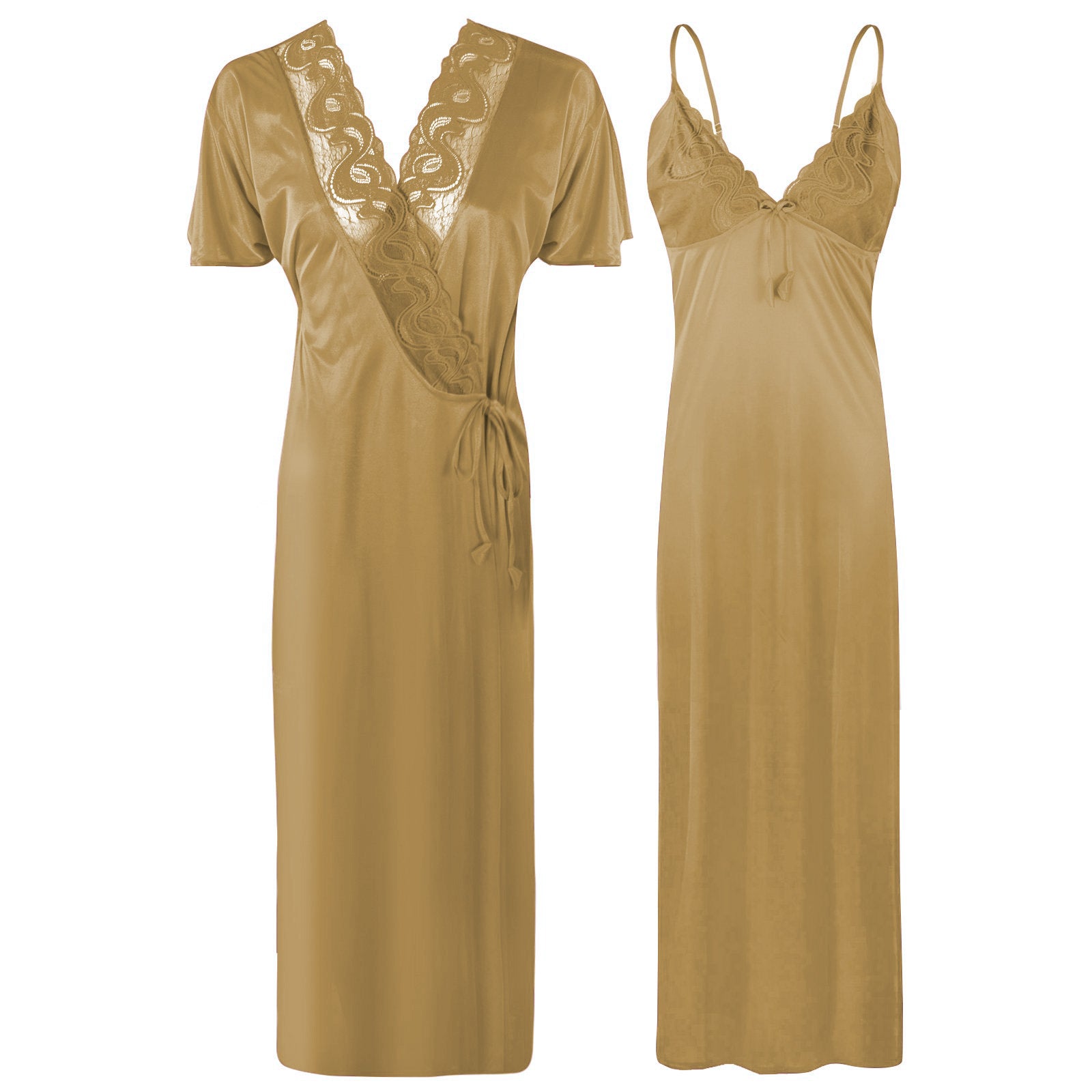 Gold / One Size New Ladies Satin Long Nightdress Women Nightwear Set Lace Detailed The Orange Tags