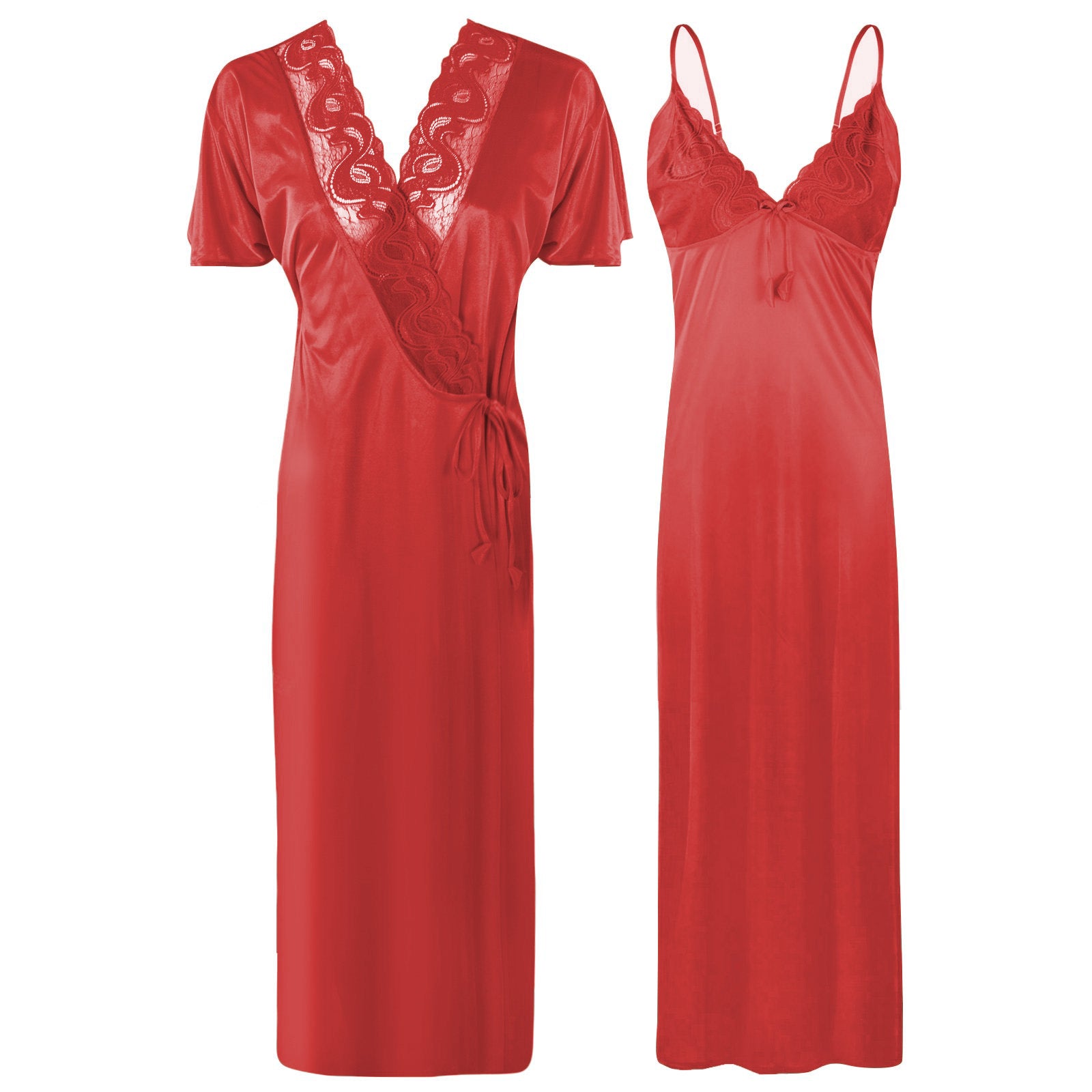 Red / One Size New Ladies Satin Long Nightdress Women Nightwear Set Lace Detailed The Orange Tags