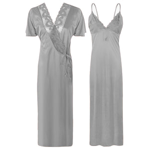 Silver / One Size New Ladies Satin Long Nightdress Women Nightwear Set Lace Detailed The Orange Tags