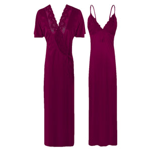 Wine / One Size New Ladies Satin Long Nightdress Women Nightwear Set Lace Detailed The Orange Tags