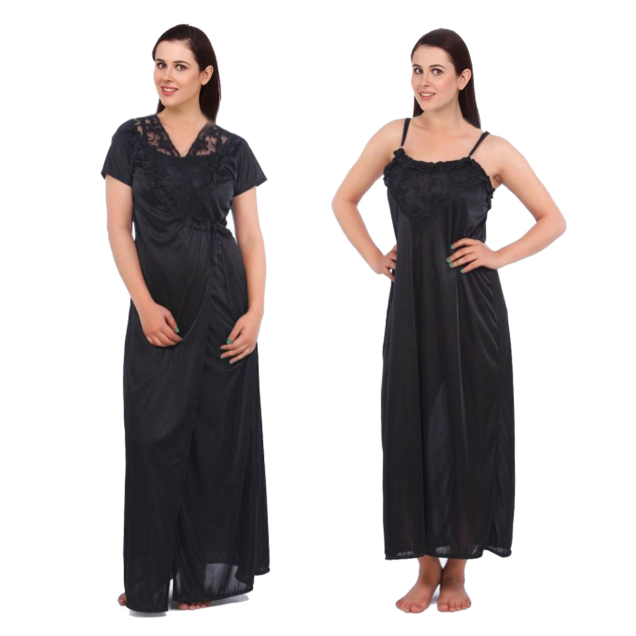 Black / One Size Emma Satin Nightdress and Dressing Gown Set The Orange Tags
