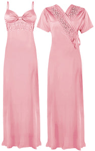 Baby Pink / One Size The Orange Tags Women Satin LACE Long Nightdress Ladies Nighty Chemise Embroidery Detailed The Orange Tags