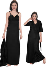 Load image into Gallery viewer, Black / One Size: Regular Women Strappy 2 Pcs Satin Long Nighty and Robe The Orange Tags
