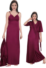 Charger l&#39;image dans la galerie, Wine / One Size: Regular Women Strappy 2 Pcs Satin Long Nighty and Robe The Orange Tags
