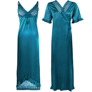 Teal / One Size Women Satin Nighty With Robe 2 Pcs Set The Orange Tags