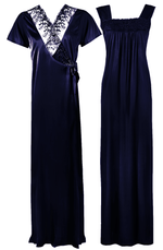 Afbeelding in Gallery-weergave laden, Navy / One Size WOMENS LONG SATIN CHEMISE NIGHTIE NIGHTDRESS LADIES DRESSING GOWN 2PC SET 8-16 The Orange Tags
